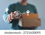 User interacting with a delivery tracking interface showing courier icon and location pins for real time logistics tracking and last mile delivery service.