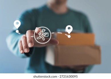 User interacting with a delivery tracking interface showing courier icon and location pins for real time logistics tracking and last mile delivery service. - Powered by Shutterstock - Get 15% off with code: PIKWIZARD15