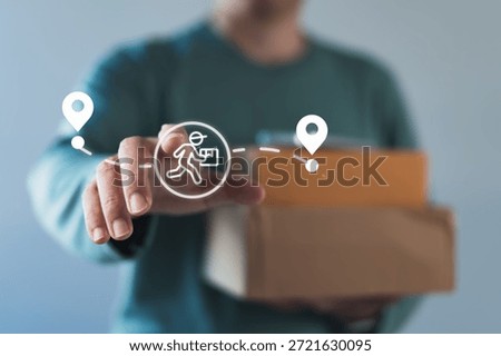 User interacting with a delivery tracking interface showing courier icon and location pins for real time logistics tracking and last mile delivery service.