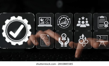 User interacting with digital icons representing business analysis, quality assurance, metrics visualization, team performance, and productivity improvement strategies Sigmoid