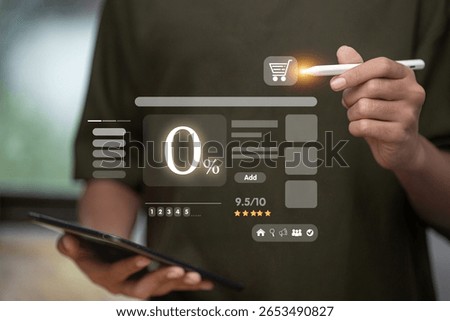 User interacting with digital shopping interface showing 0% discount, add to cart icon, and star rating for product review.