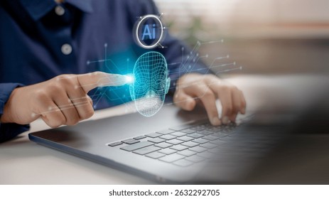 User interacting with facial recognition AI system on laptop, representing biometric authentication, deepfake technology, digital identity verification, and artificial intelligence interface.