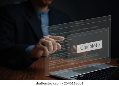 User interacting with a holographic programming interface displaying code completion. Represents software development, IT processes, and digital solutions.