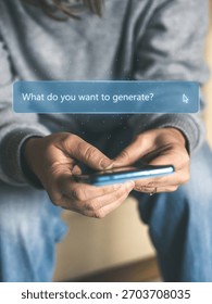 User Interacting with a Mobile Prompt Question Asking What do you want to generate for AI Content Creation and Output