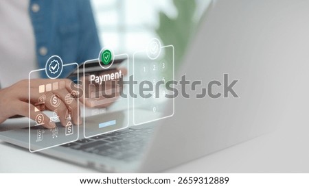User interacting with secure digital payment interface on laptop. Concept of online transaction, fintech platform, financial technology, e-wallet, card payment, and cybersecurity solution.