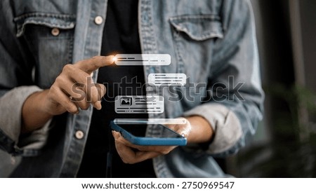User interacting with smartphone chat interface showing digital messaging notifications, representing online communication, mobile messaging technology, social media chat and modern connectivity.