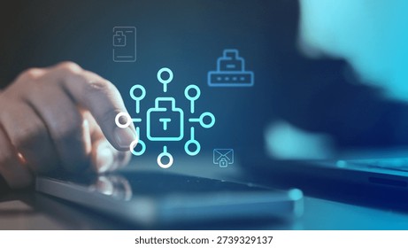 User interacting with tablet and passkey security interface, representing passwordless login, WebAuthn authentication, identity verification, data protection, and modern cybersecurity technology.