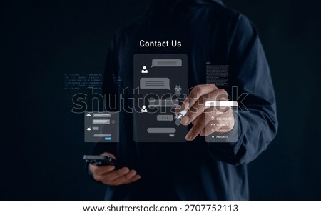 User interacting with virtual AI chatbot interface on a digital screen, featuring online messaging, customer support, smart communication tools, and modern contact center technology.