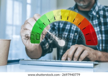 User interacting with a virtual dashboard gauge indicating high performance or satisfaction