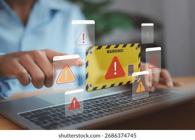 User interacting with virtual warning alerts on laptop, cyber security risk, system error, malware attack prevention, and data protection technology concept.