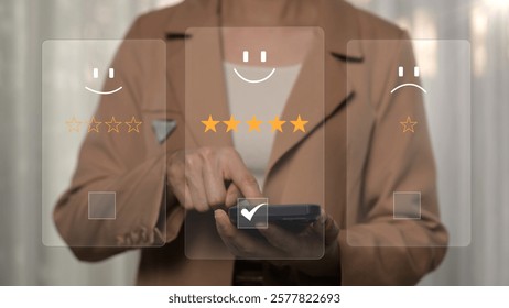 User interaction with feedback interface on mobile device digital environment content creation home office close-up view customer experience evaluation