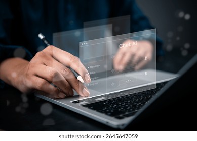 User interacts with AI chatbot interface on laptop, symbolizing future of communication, digital assistance, and smart technology integrating artificial intelligence into daily tasks.