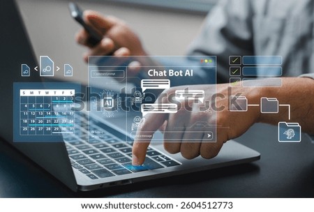 A user interacts with an AI chatbot on a laptop, showcasing a digital interface designed for productivity and communication. The graphic highlights technology in everyday use.