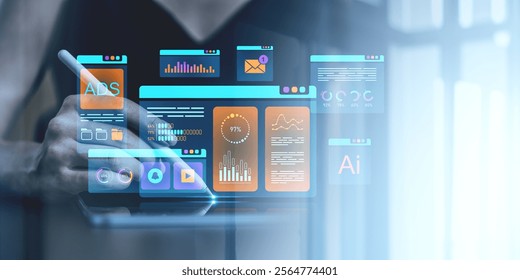 A user interacts with a digital analytics dashboard, featuring graphs, charts, and icons in vibrant colors on a transparent futuristic display