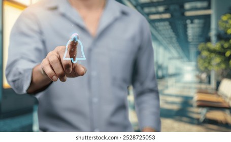 A user interacts with a digital notification icon in a modern office space. The scene highlights the fusion of technology and design in communication tools.