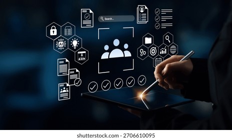 A user interacts with a digital tablet displaying various icons related to technology and data management, highlighting trends in modern communication and business innovation. Gantry
