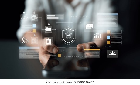 A user interacts with a smartphone while digital icons representing artificial intelligence, data security, and analytics float above, showcasing modern technological trends and innovations. Gantry
