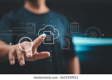 A user interacts with a virtual document system, symbolizing modern paperless environments and digital operations.