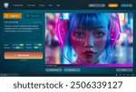 User interface of AI image generator. Artificial intelligence chatbot generate detailed high-quality image of cyberpunk girl in headphones with neon lights in anime style. Advanced generated photo.