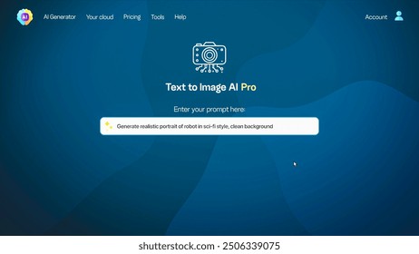 User interface of AI image generator. Artificial intelligence app generate detailed high-quality image: Sci-fi robot realistic portrait. Advanced text to image technology. Futuristic generated photo.