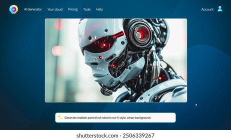User interface of AI image generator. Artificial intelligence chatbot generate detailed high-quality image: Realistic portrait of sci-fi robot. Text to image advanced technology. AI generated photo. - Powered by Shutterstock - Get 15% off with code: PIKWIZARD15