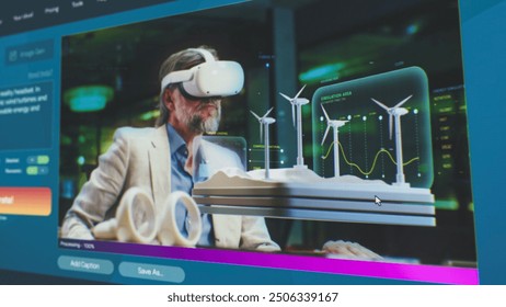 User interface of AI video generator. Artificial intelligence chatbot generate detailed high-quality realistic video of man wearing virtual reality headset. Advanced AI generated video creation.