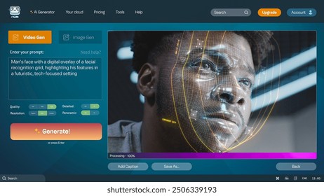 User interface of AI video generator. Artificial intelligence chatbot generate detailed video: Man face with digital facial recognition grid overlay. From text prompt to realistic AI generated video.