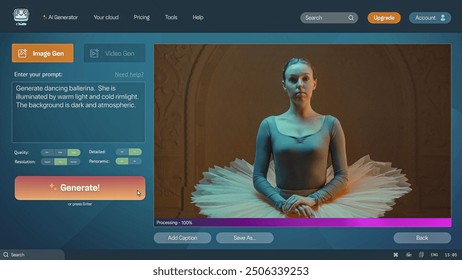 User interface of AI video generator. Artificial intelligence chatbot generate detailed video of elegant dancing ballerina in tutu. AI generated video creation. Template for computer or laptop screens