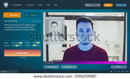 User interface of AI video generator. Artificial intelligence chatbot generate detailed video of man with digital facial recognition overlay. AI generated video creation. Template for computer screen.