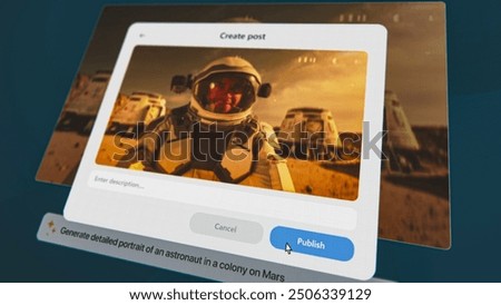User interface of AI video generator. Artificial intelligence assistant generate detailed high-quality video: Astronaut on Mars colony. Advanced text to video technology. Futuristic generated video.