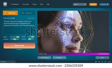 User interface of artificial intelligence video generator. AI chatbot generate detailed high-quality video: Woman face with facial recognition digital grid. Text to video technology. Automated artwork