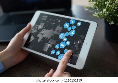 User interface on virtual screen. Business and internet technology.