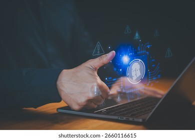 User log in using fingerprint authentication on laptop with warning icon, emphasizing secure login method. Cybersecurity and user identity protection.