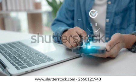User logging in with face recognition and secure password on smartphone, representing digital identity verification, biometric security, and modern authentication technology.