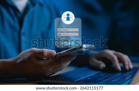User login interface concept showing secure authentication via smartphone and laptop. Ideal for UX design, mobile apps, cybersecurity, access control and digital identity systems.