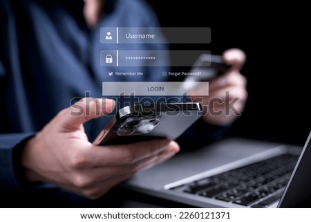 User login on smartphone, icon showing on mobile by virtual screen hologram technology, business credit card.