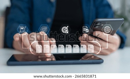 User managing documents on tablet with AI, automation, and global network icons, representing smart digital workflow, document verification, and cloud integration.