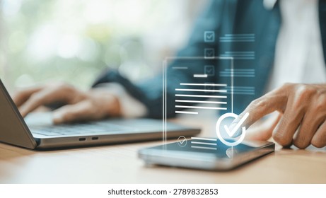 User managing privacy consent and data protection preferences on a mobile device with digital verification interface. Concept of GDPR compliance, user permissions, cookie consent, privacy control.