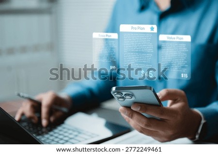 User managing subscription plans on smartphone with digital interface showing pricing tiers, recurring billing, and account control, representing modern subscription economy and SaaS business model.