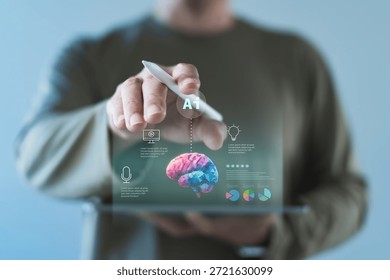 User pointing at an AI data analytics interface on a tablet, featuring artificial intelligence brain graphics, charts, icons, and digital visualization elements.