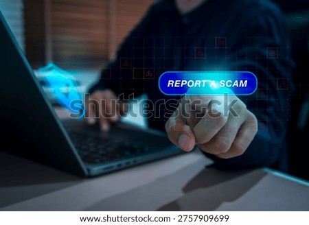 User pressing report a scam button on digital interface with warning icons and cybersecurity shield background. Concept of online fraud reporting, cybercrime prevention, digital security protection.