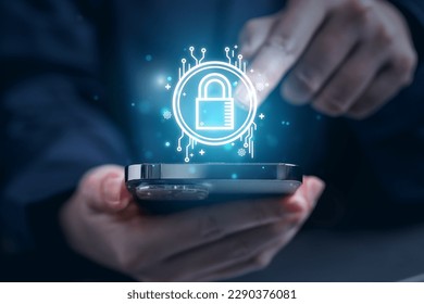 User with privacy security and encryption, Cybersecurity concept, Security of internet access, Virtual screen with padlock icon, Data or network protection