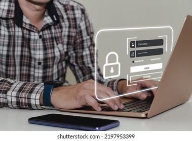 User Privacy Security And Encryption, Secure Internet Access, User Typing Login And Password On Computer, Banking Secured Access