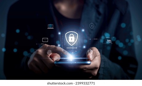 User privacy software and cyber secure concept. Protection data lock shield internet network security technology icon on smartphone. Security internet information access defense.
