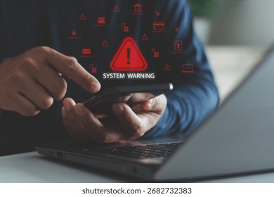 User receiving system warning alert on smartphone, indicating hacking attempt or data breach. Concept of mobile cybersecurity, digital risk, internet threat and online data protection.