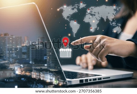 A user selecting a global store location on a digital world map via laptop, representing international business expansion, logistics, navigation, and global market connectivity.