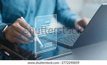 User signing digital document on tablet with stylus, representing privacy consent, data protection, and secure agreement in modern digital compliance system.