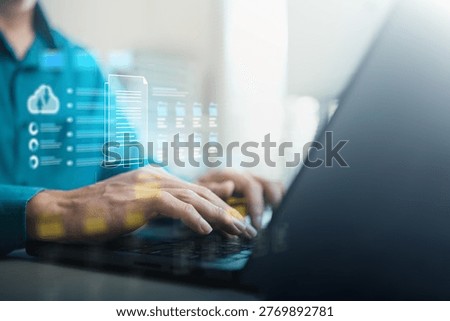 User transferring and managing digital files on laptop with cloud interface, representing data export, secure file storage, and online connectivity in modern technology systems.