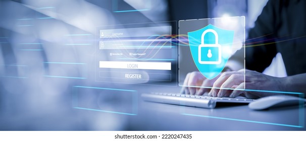 user typing login and password, cyber security concept, data protection and secured internet access, cybersecurity. Data protection Cyber Security Privacy Business Internet Technology Concept.