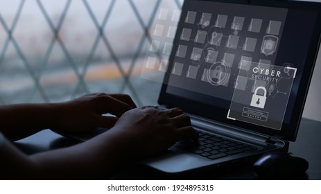 User typing login and password on virtual screen. Cyber security concept. Selective focus.
